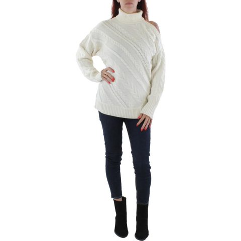 Cable Knit Cold Shoulder Wool Blend Turtleneck Sweater