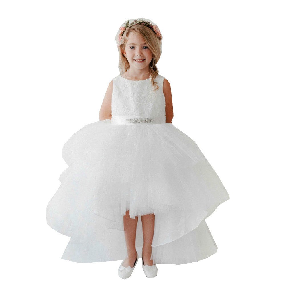 Little Girls White Lace Bodice Beaded Sash Hi-Low Flower Girl Dress 2-6