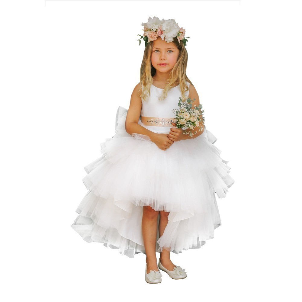 Little Girls White Hi-Low Multi Level Ruffle Tutu Flower Girl Dress 2-6