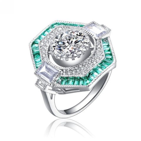 Sterling Silver White Gold Plated with Baguette and Round Cubic Zirconia Modern Ring