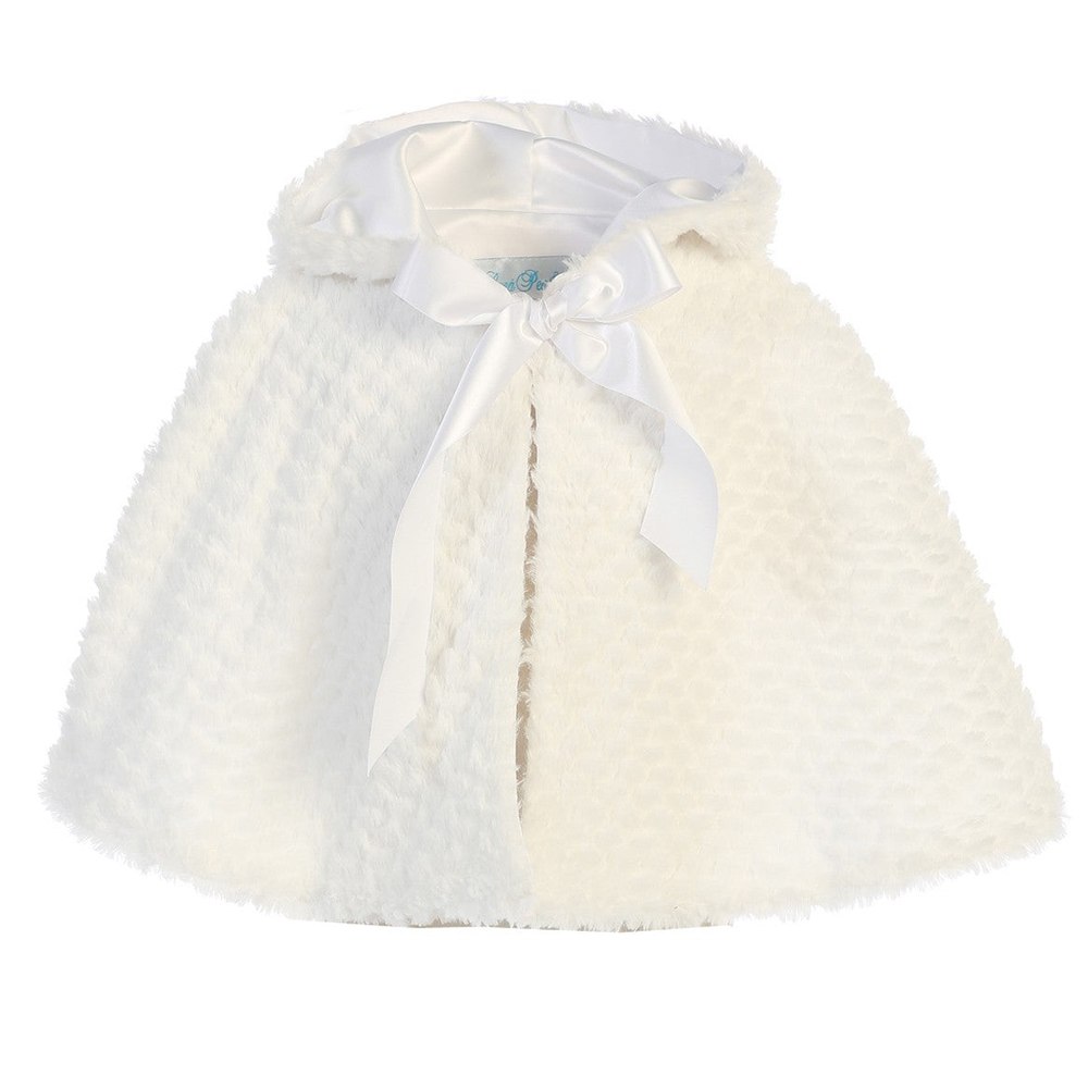 Little Girls White Ribbon Accent Hooded Swirl Texture Faux Fur Cape 2T-6