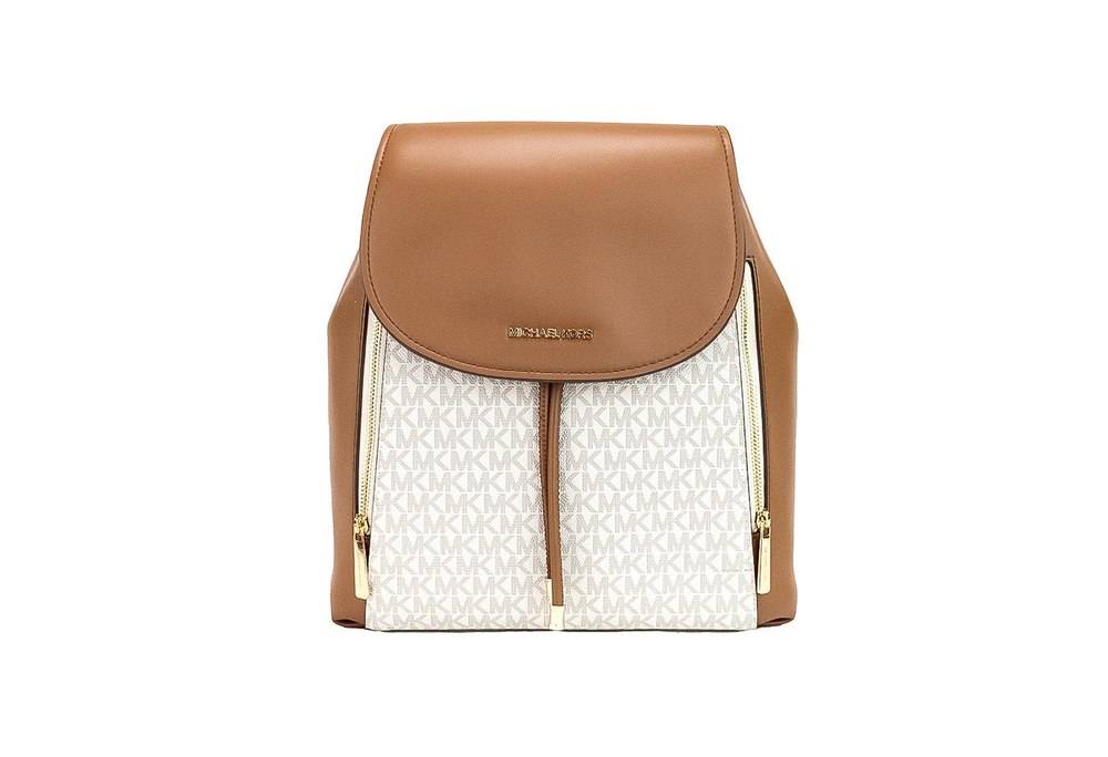 Michael Kors Phoebe Medium ivory Signature PVC Leather Flap Backpack Women’s Bookbag