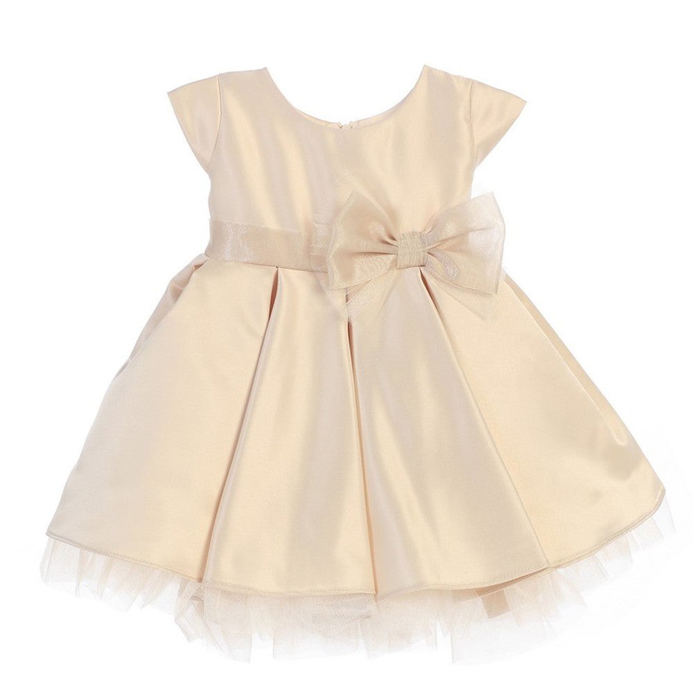 Baby Girls Champagne Satin Full Pleated Bow Christmas Dress 6-24M