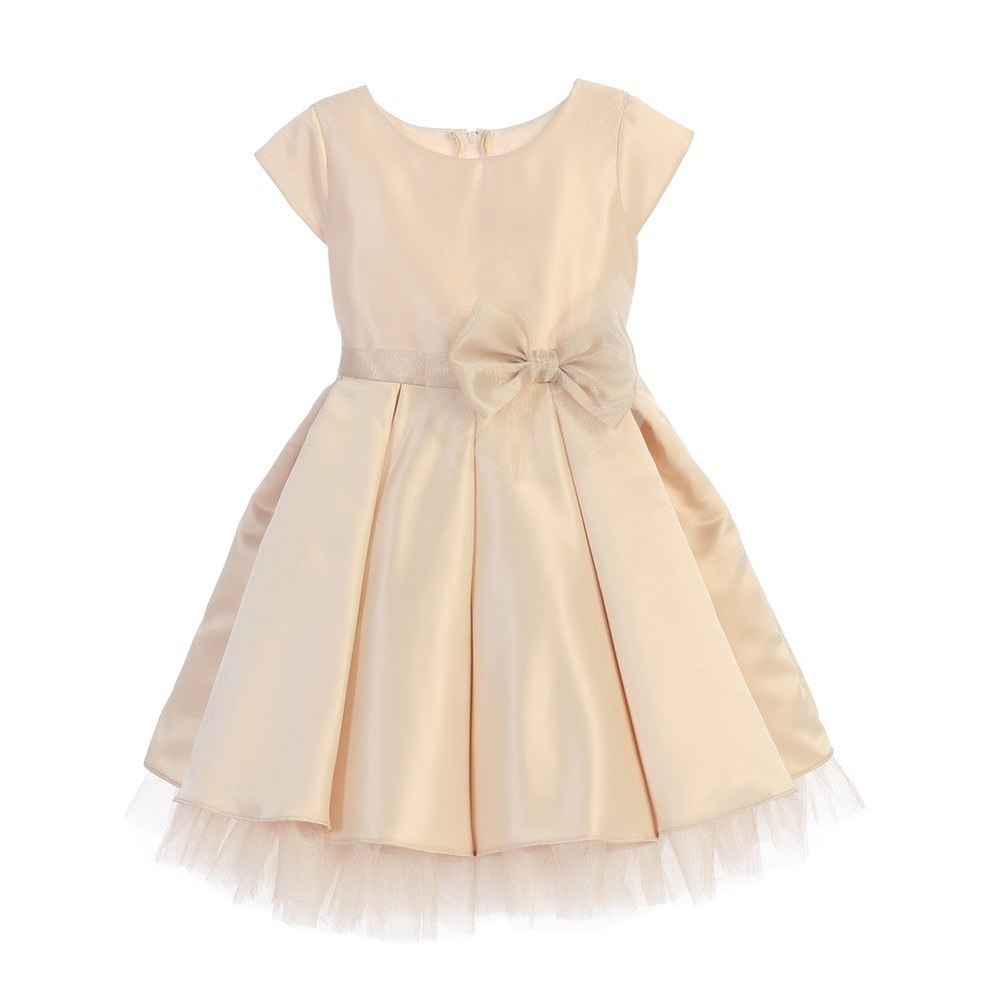 Little Girls Champagne Satin Full Pleated Bow Christmas Dress 2-6