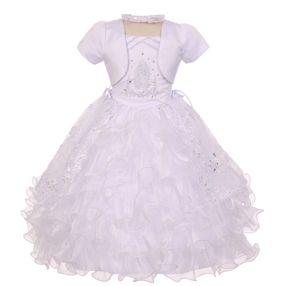 Baby Girls White Rhinestones Virgin Mary Embroidery Baptism Dress 6-12M