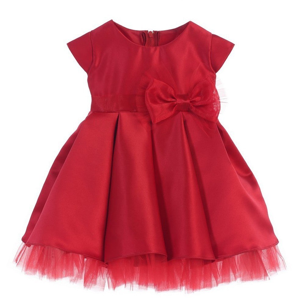Baby Girls Red Satin Full Pleated Bow Accent Christmas Dress 6-24M
