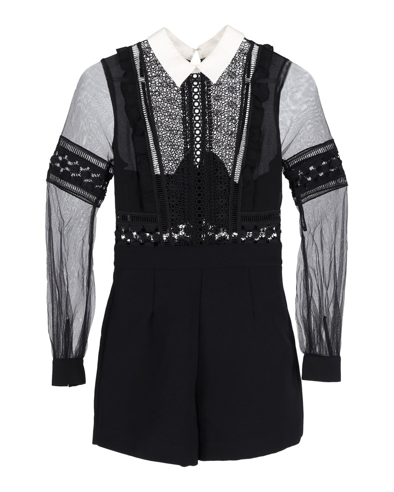 Self-Portrait Sheer Sleeve Mini Dress in Black Polyester