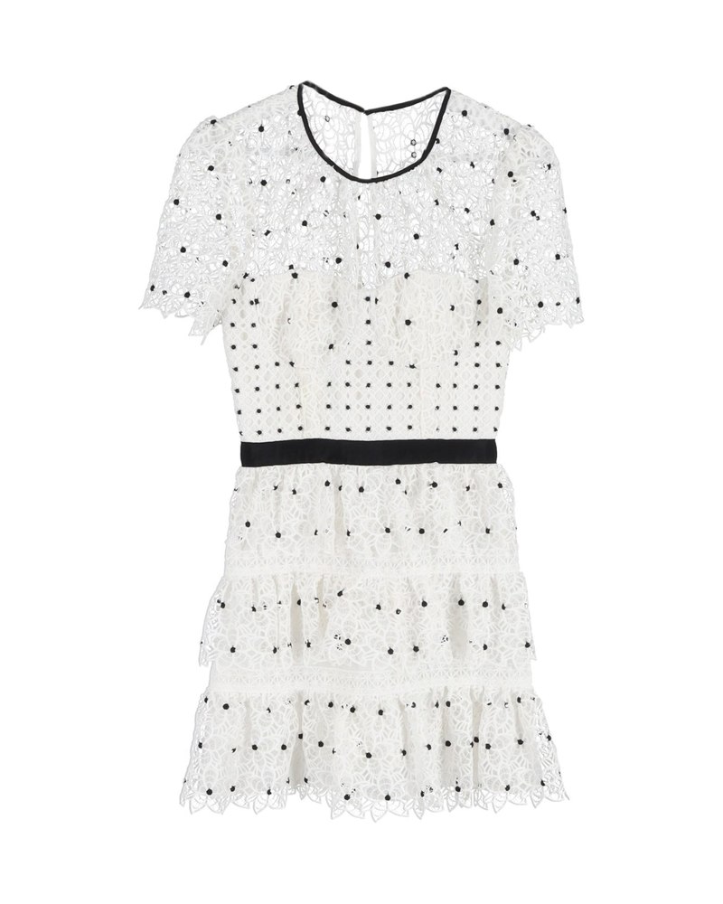 Self-Portrait Tiered Polka Dot Floral Lace Ruffle Mini Dress in White Polyester