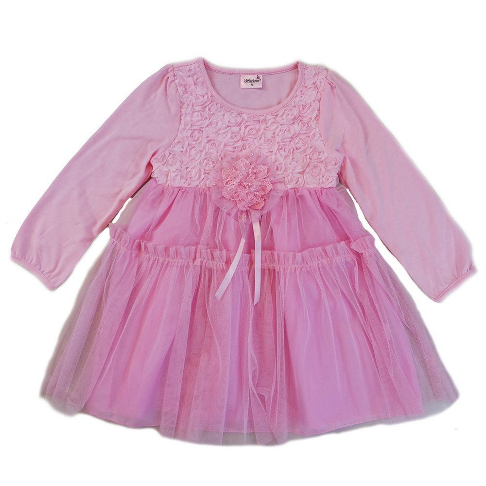 Girls Pink 3-D Flower Adorned Long Sleeve Dress S (9-24M)-XL (6-8)
