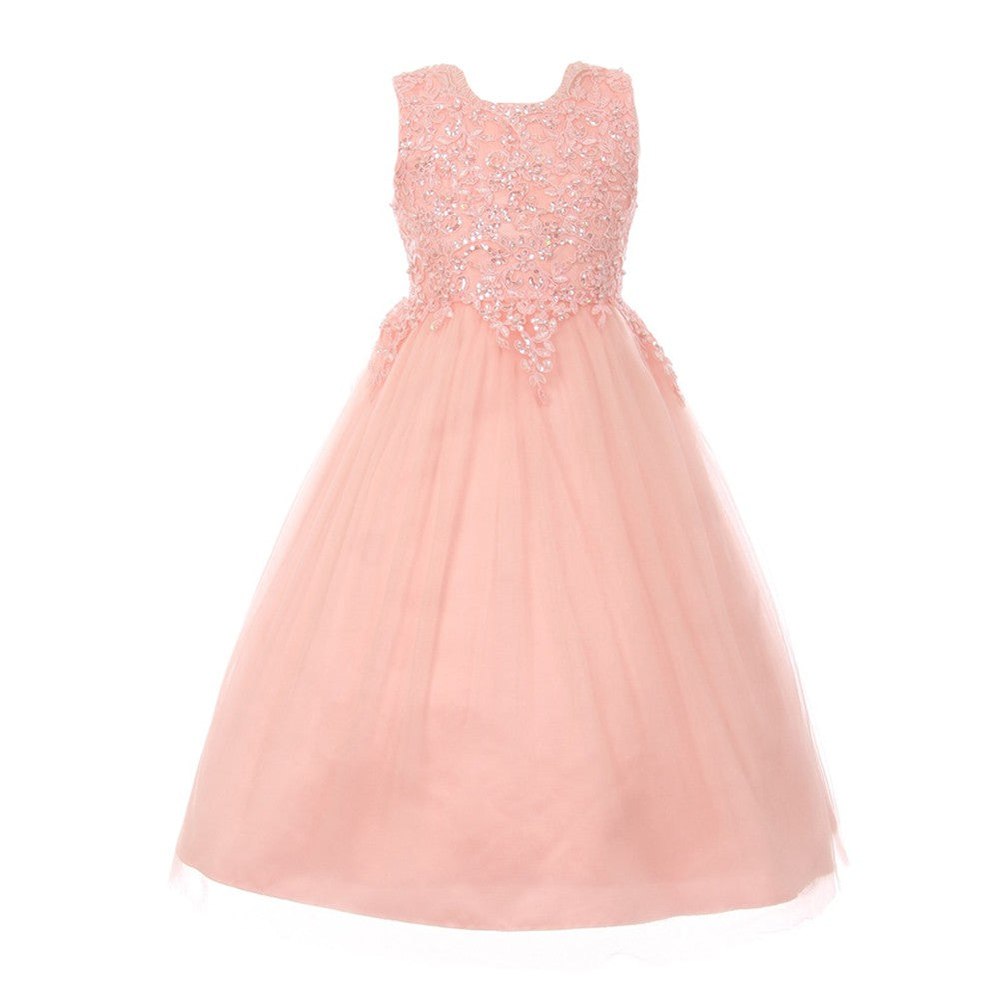 Little Girls Blush Pink Pearl Sequin Tulle Satin Flower Girl Dress 4-6