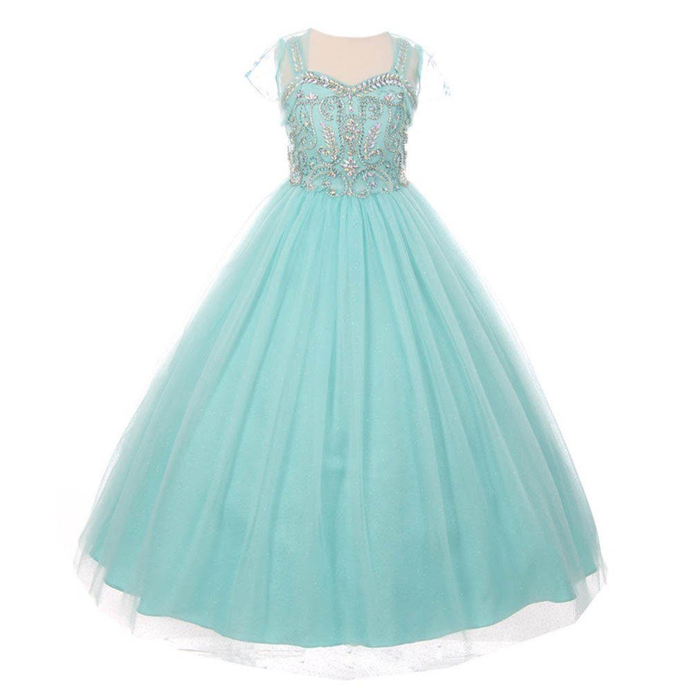Big Girls Aqua Bedazzled Rhinestone Tulle Bolero Special Occasion Dress 8-16