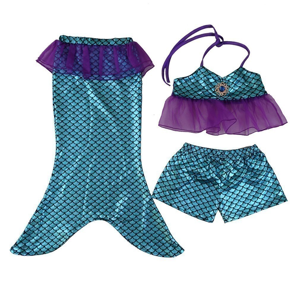 Little Girls Blue Mermaid Tail Top Shorts 3 Pc Swim Set 2T-7