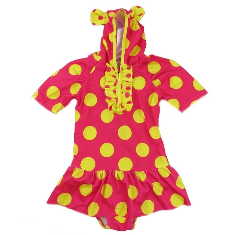 Little Girls Red Yellow Polka Dot Print Sleeve Cap Swimsuit 2T-7