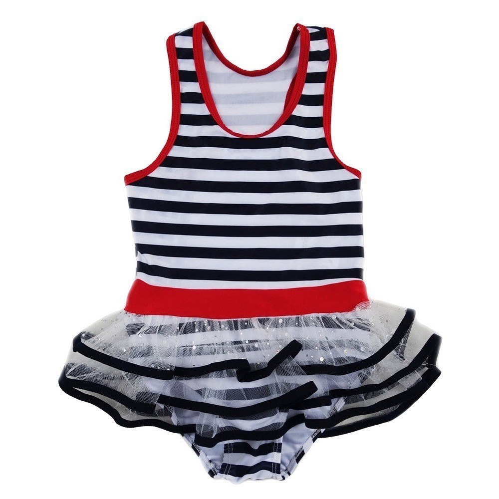 Little Girls Navy White Stripe Skirted One Piece Swimsuit 2T-7