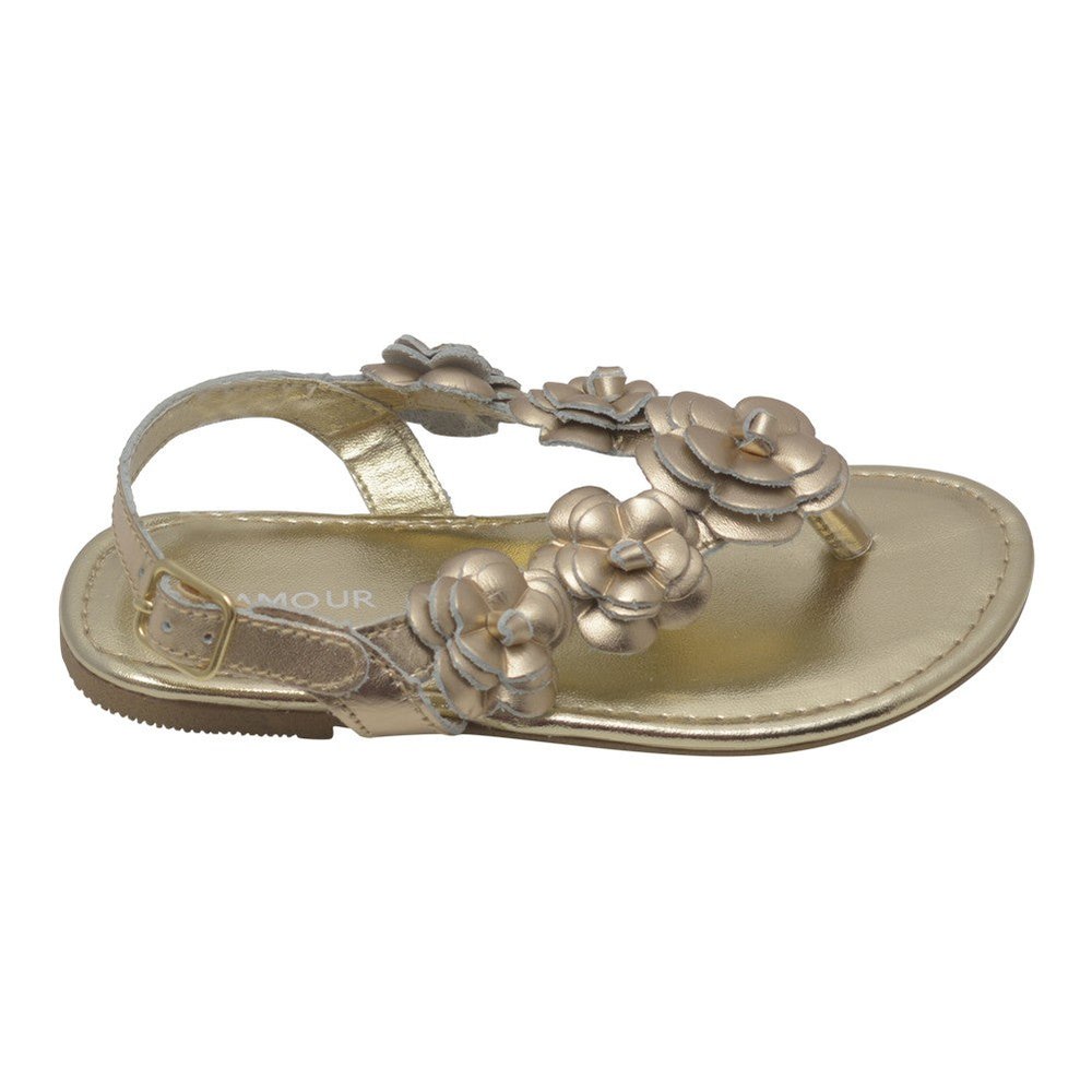 Girls Gold Flower Blossom Accent Buckle Thong Sandals 7-10 Toddler