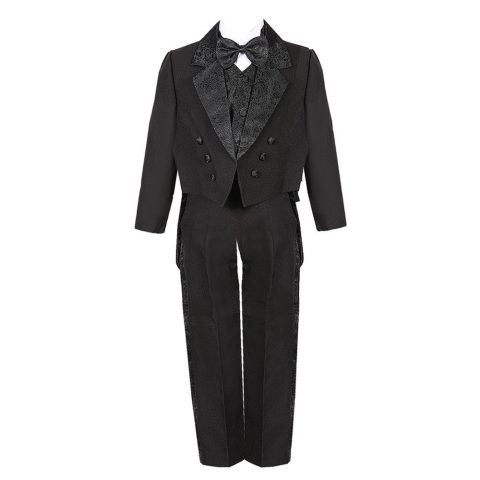 Big Boys Black 5 Piece Vest Pants Tail Jacket Jacquard Tuxedo Suit 8-14