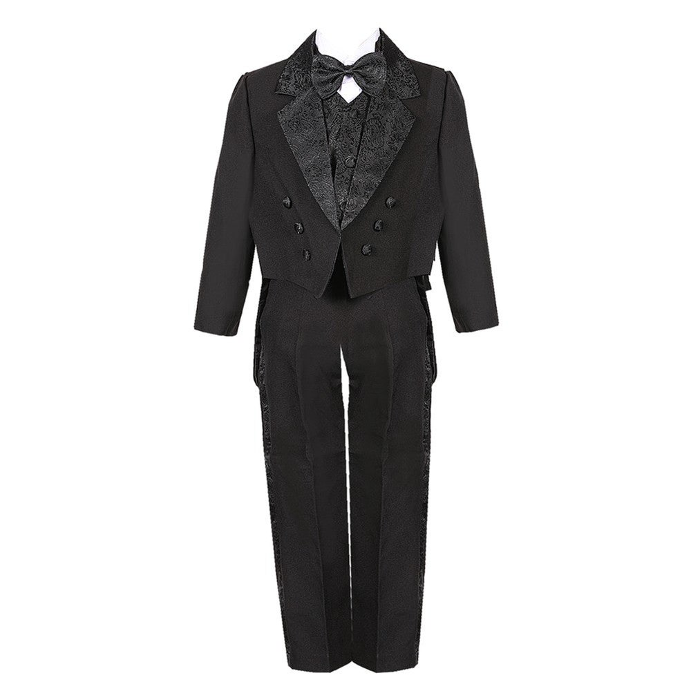 Big Boys Black 5 Piece Vest Pants Tail Jacket Jacquard Tuxedo Suit 8-14