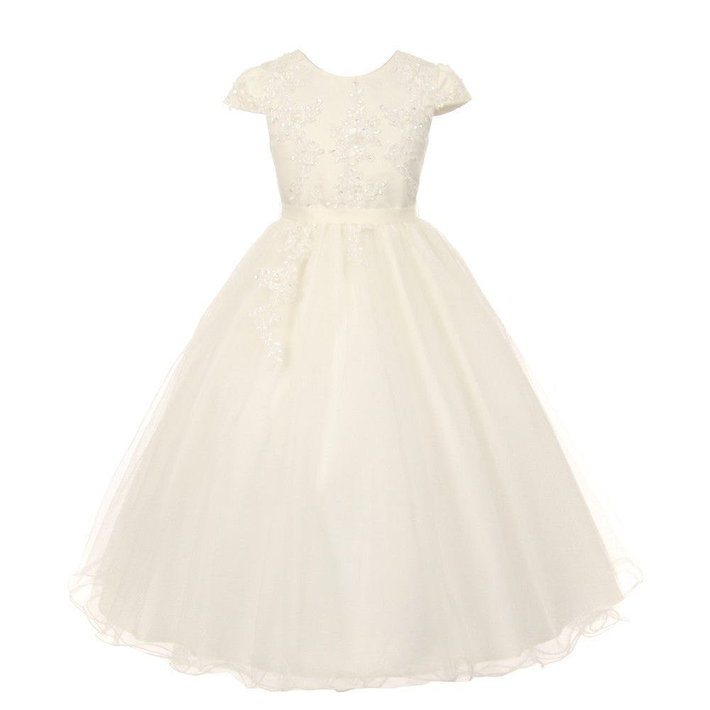 Rainkids Little Girls Ivory Pearl Sequin Tulle Communion Flower Girl Dress 4-6