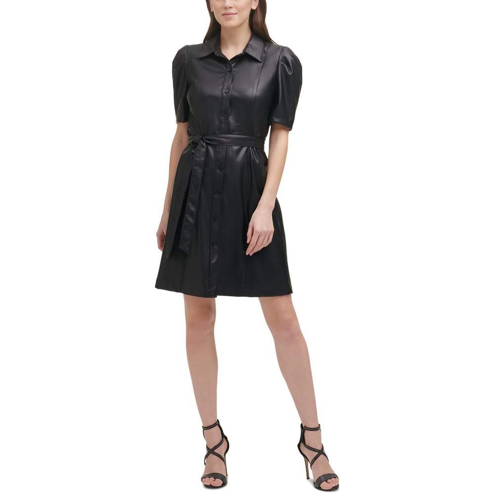 Faux Leather Knee-Length Shirtdress