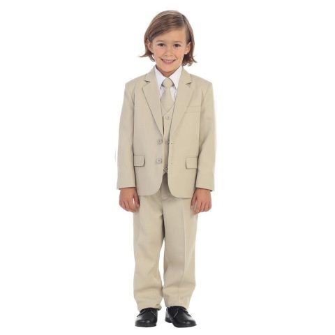 Baby Boys Khaki Jewels & Gents Jacket Vest Shirt Tie Pants 5 Pc Suit 6-24M