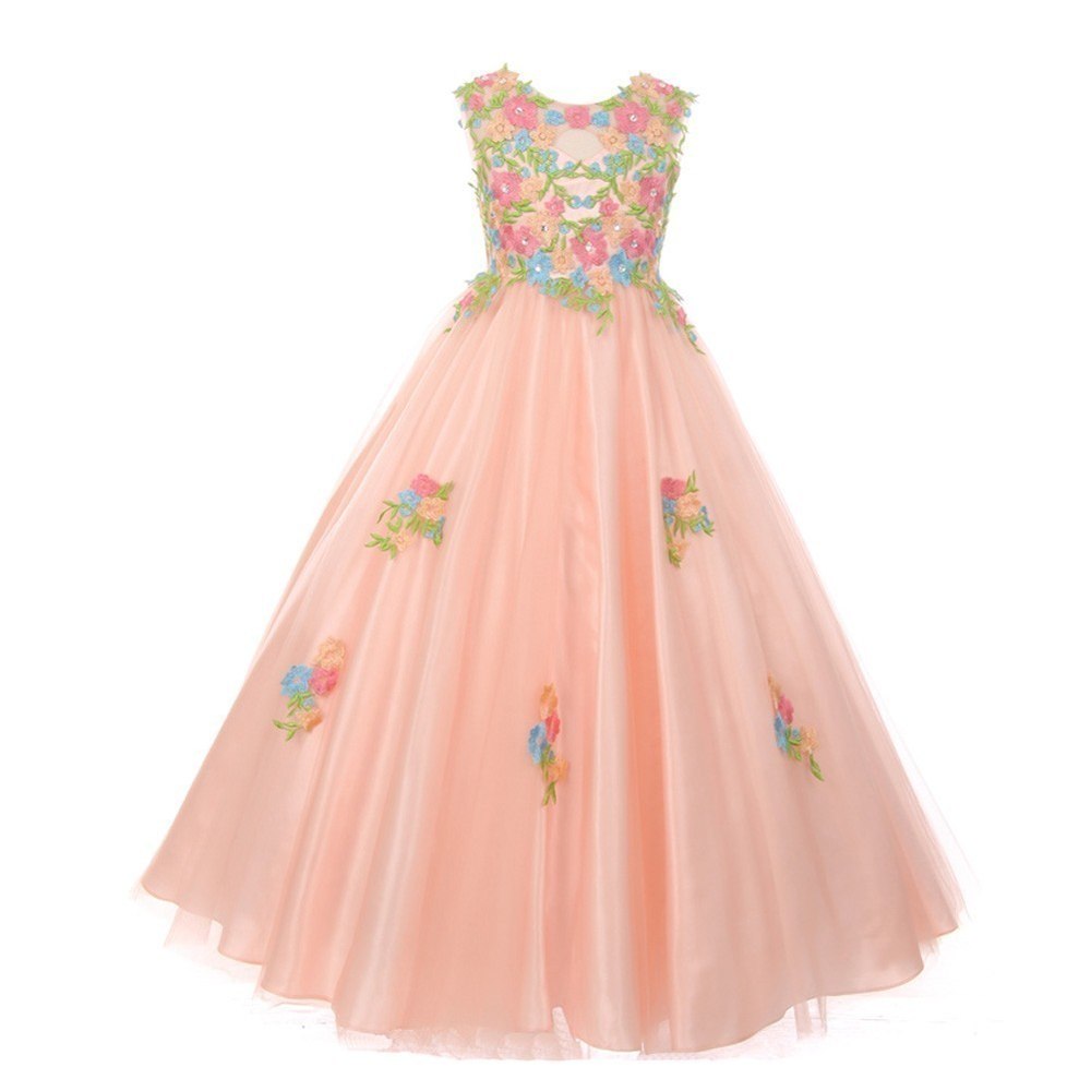 Little Girls Blush Pink Floral Embroidered Lace Tulle Flower Girl Dress 4-6
