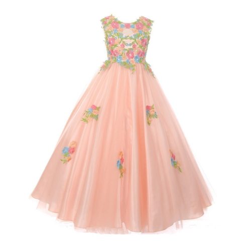 Big Girls Blush Pink Floral Embroidered Lace Tulle Junior Bridesmaid Dress 8-16