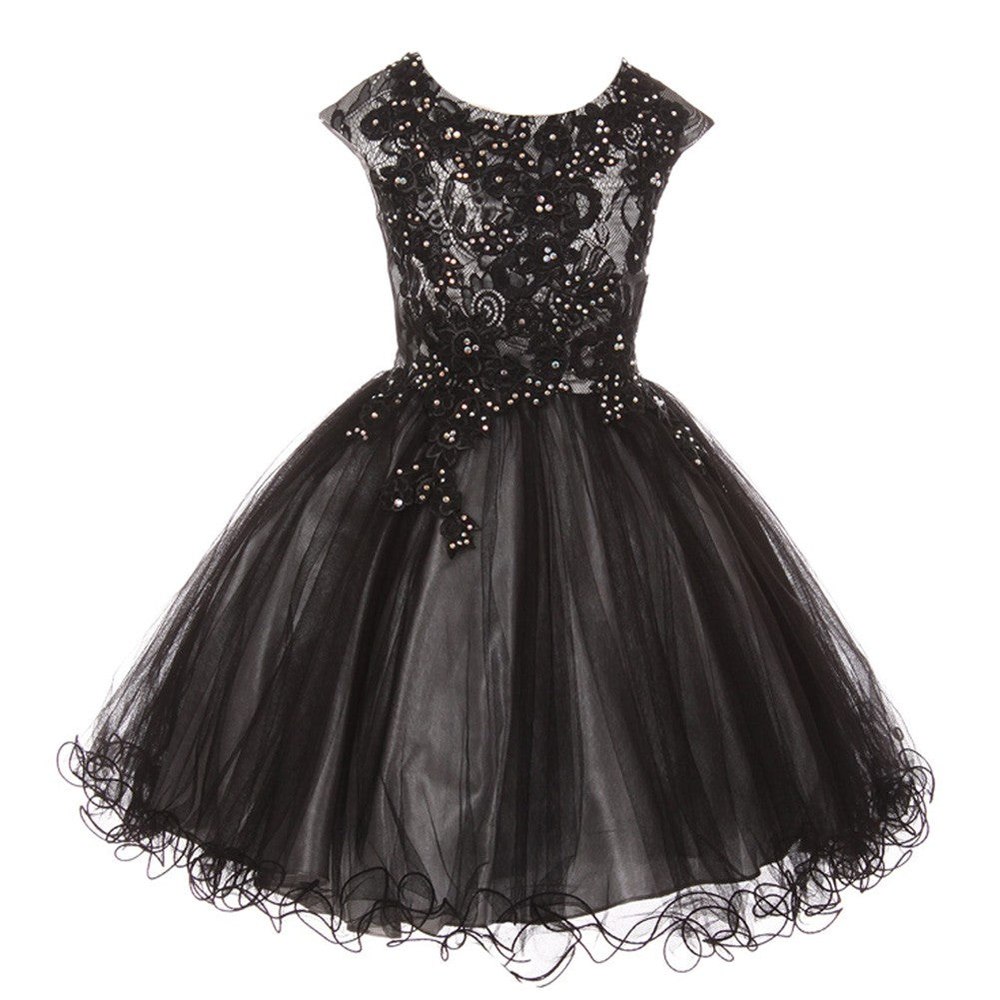 Little Girls Silver Black Rhinestone Embroidered Lace Flower Girl Dress 4-6
