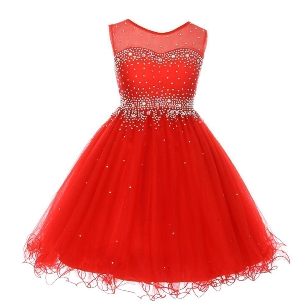 Big Girls Red Sparkling Rhinestone Illusion Tulle Party Formal Dress 8-16