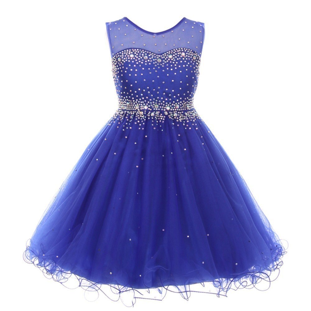 Big Girls Royal Blue Sparkling Rhinestone Illusion Tulle Party Formal Dress 8-16