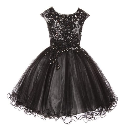 Big Girls Silver Black Rhinestone Embroidered Lace Junior Bridesmaid Dress 8-16