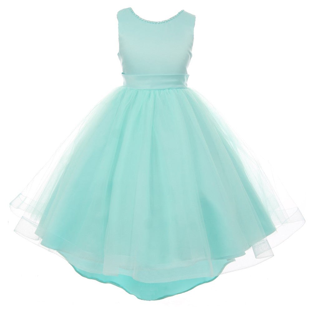 RainKids Little Girls Aqua Pearl Hi-Low Satin Tulle Flower Girl Dress 2-6
