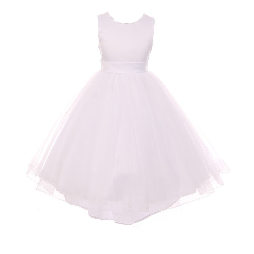 RainKids Big Girls White Pearl Hi-Low Satin Tulle Flower Girl Dress 8-12