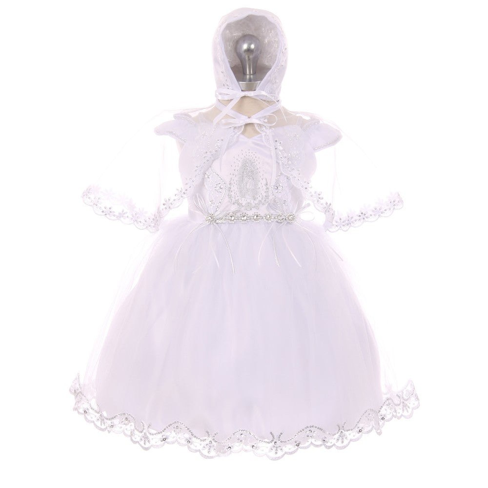 RainKids Baby Girls White Virgin Mary Detail Bonnet Cape Christening Dress 3-24M