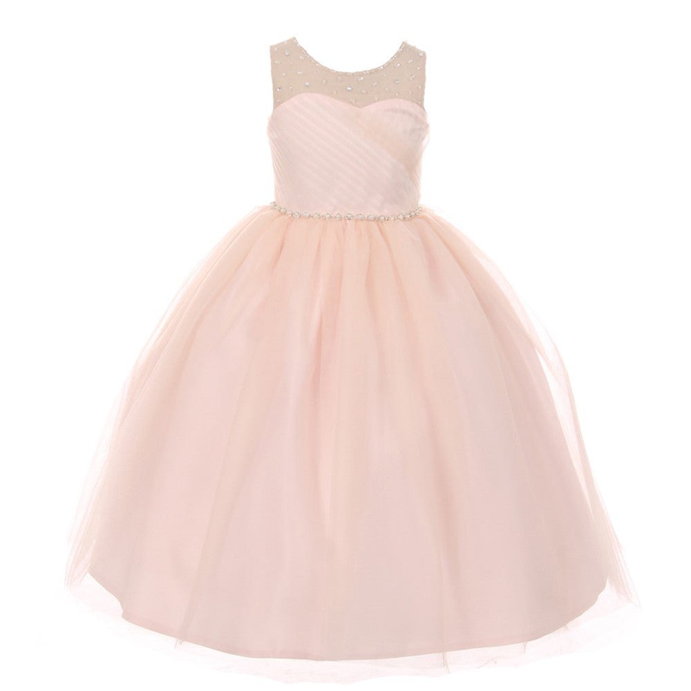 RainKids Big Girls Blush Illusion Pearl Rhinestone Junior Bridesmaid Dress 8-12