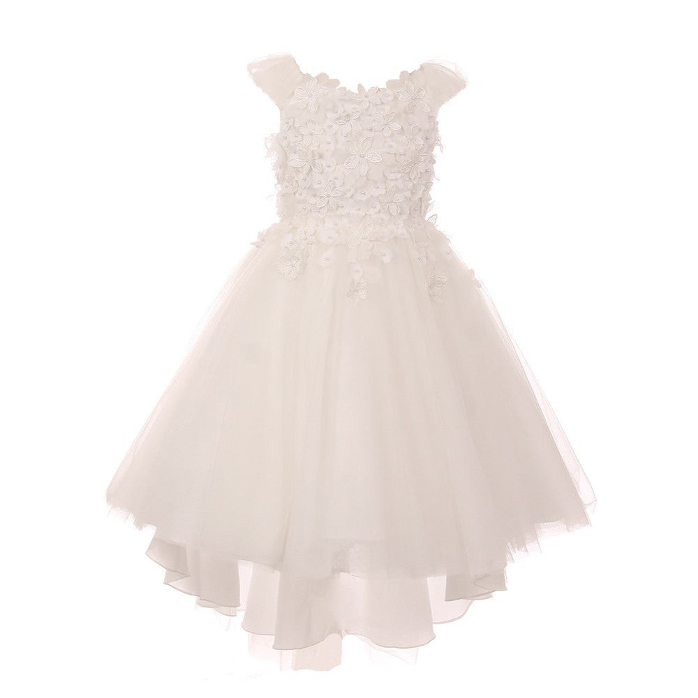Little Girls Ivory 3D Flower Adorned Soft Tulle Hi-Low Flower Girl Dress 4-6