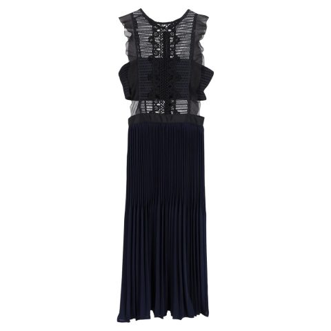 Self-Portrait Sleeveless Pleated Lace Dress in Navy Blue Polyester