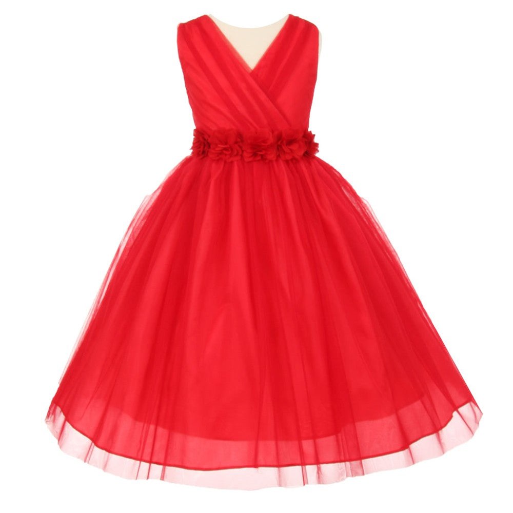 Little Girls Red Chiffon Floral Sash Crystal Tulle Flower Girl Dress 2-6