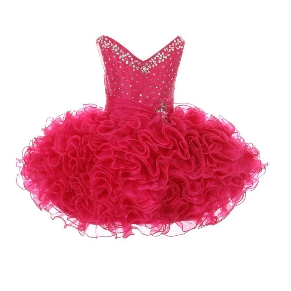 RainKids Little Girls Fuchsia Beading Ruffle Organza Short Pageant Dress 2-4T