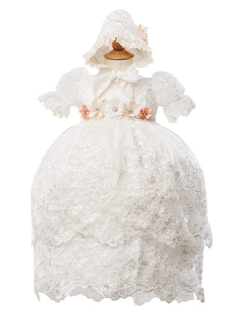 Baby Girls Ivory Puff Sleeve Headband 3 Pc Baptism Gown Set 6-12M
