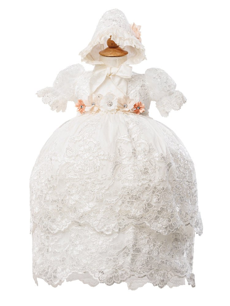 Baby Girls Ivory Puff Sleeve Headband 3 Pc Baptism Gown Set 6-12M