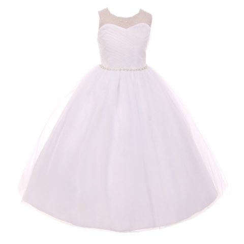 Big Girls White Pearl Rhinestone Tulle Junior Bridesmaid Dress 8-12