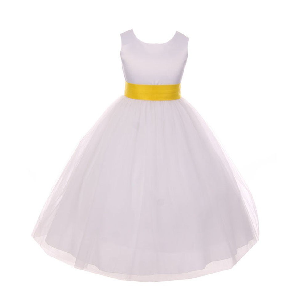 Little Girls White Yellow Tulle Satin Sash Bow Flower Girl Dress 2-6