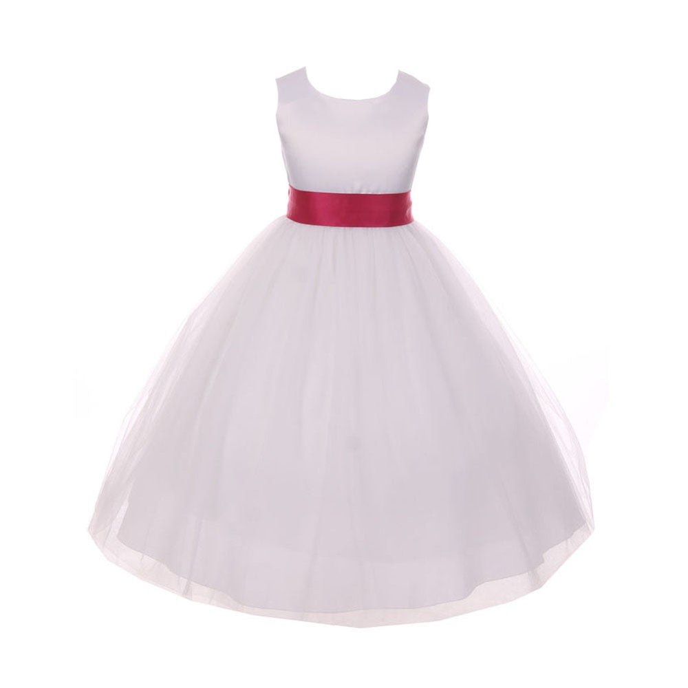 Big Girls White Fuchsia Satin Sash Bow Junior Bridesmaid Dress 8-14