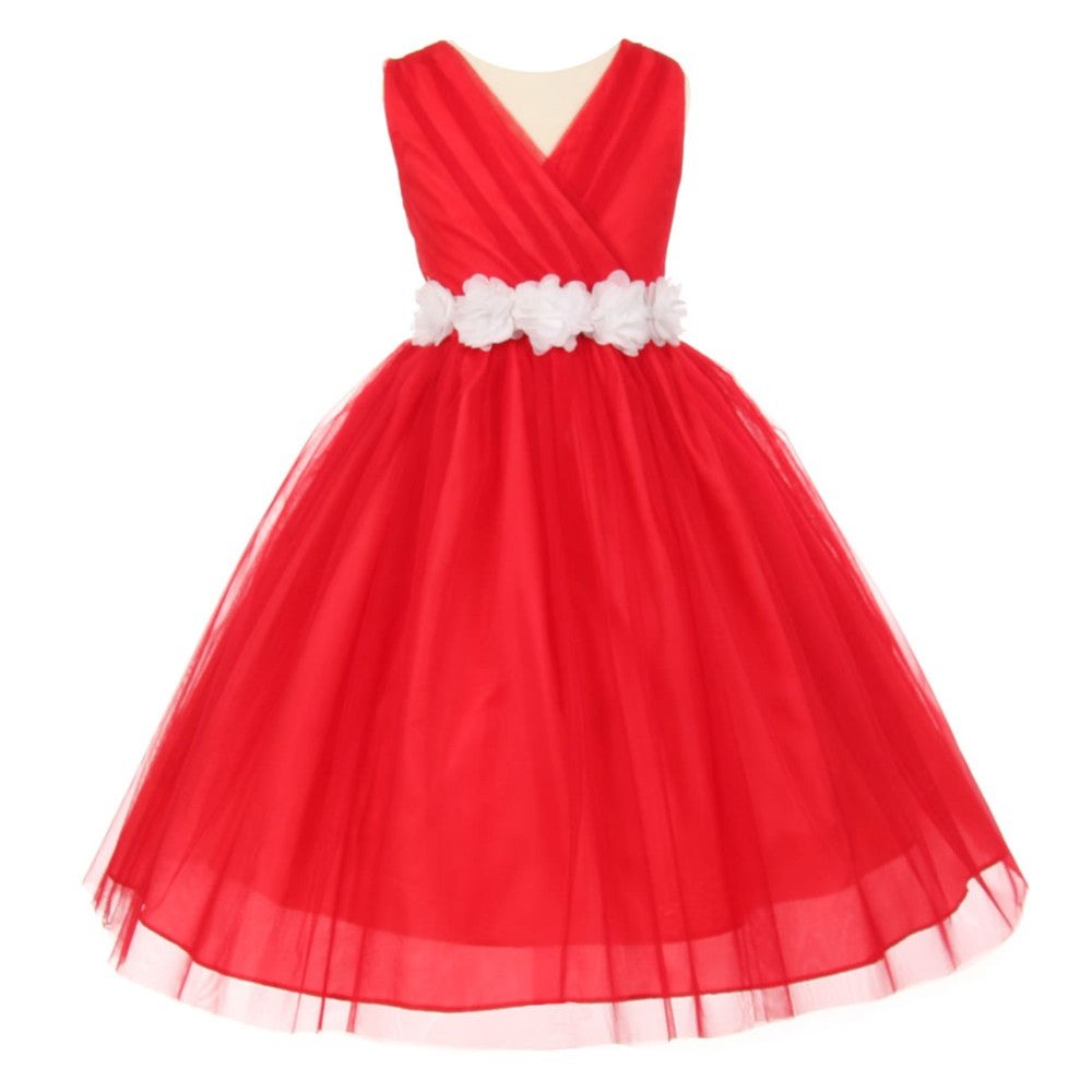 Little Girls Red White Chiffon Floral Sash Tulle Flower Girl Dress 2-6
