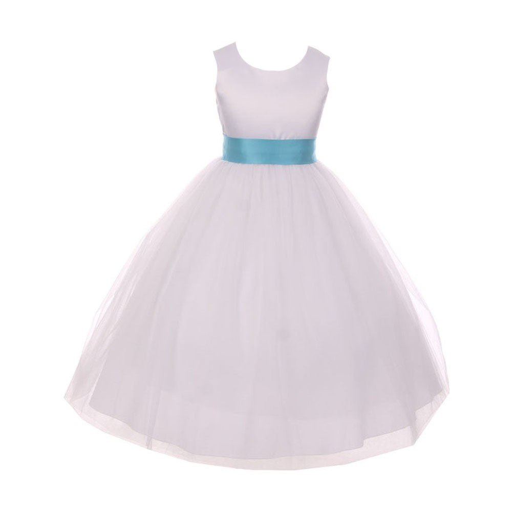 Little Girls White Aqua Tulle Satin Sash Bow Flower Girl Dress 2-6