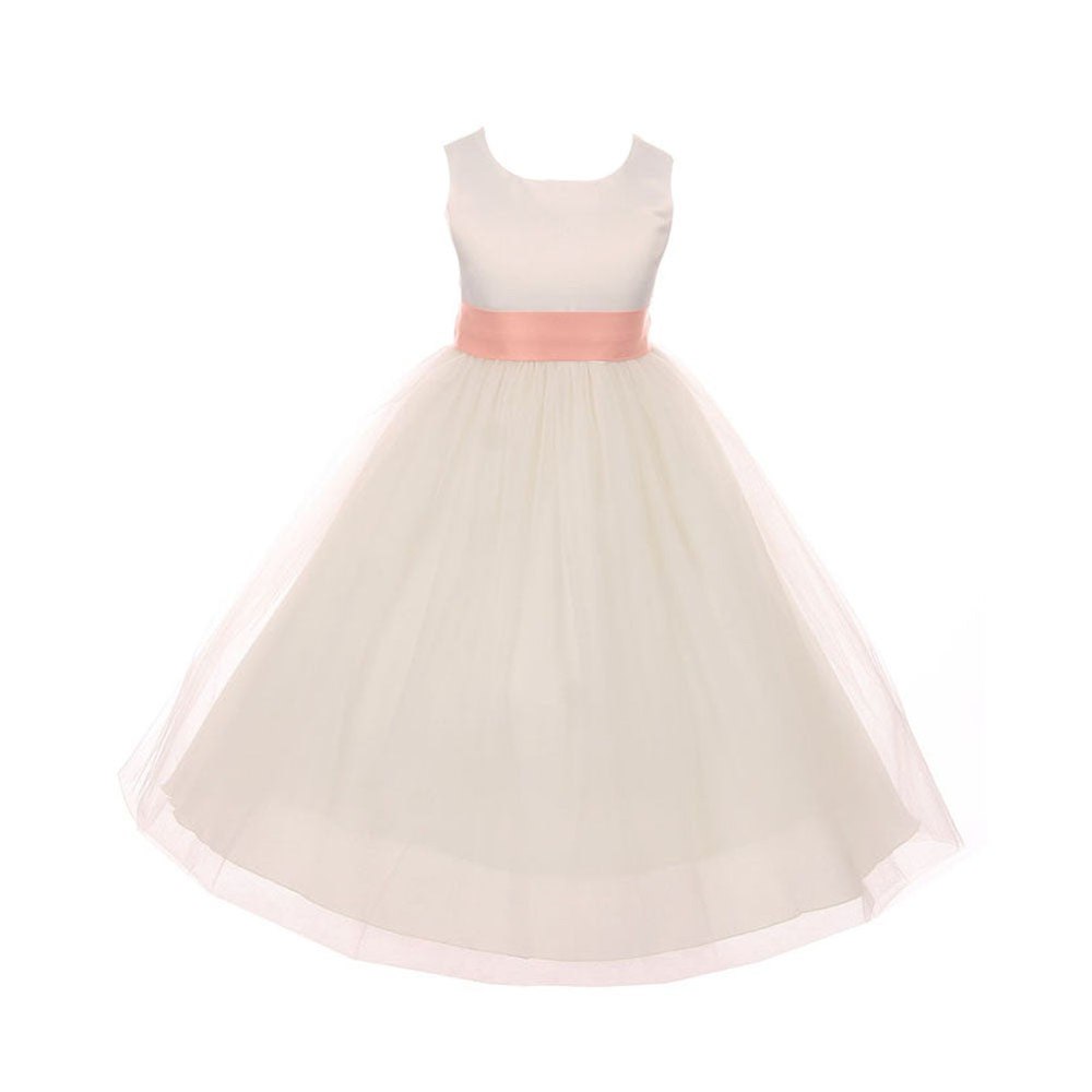 Little Girls Ivory Peach Tulle Satin Sash Bow Flower Girl Dress 2-6