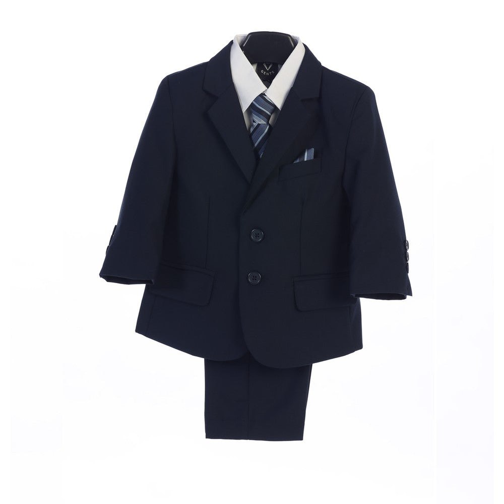 Boys Navy Jacket Vest Tie Pocket Square Shirt Pant 5 Pc Suit 2T-7