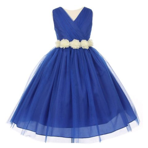 Big Girls Royal Blue Ivory Chiffon Flowers Tulle Junior Bridesmaid Dress 8-14