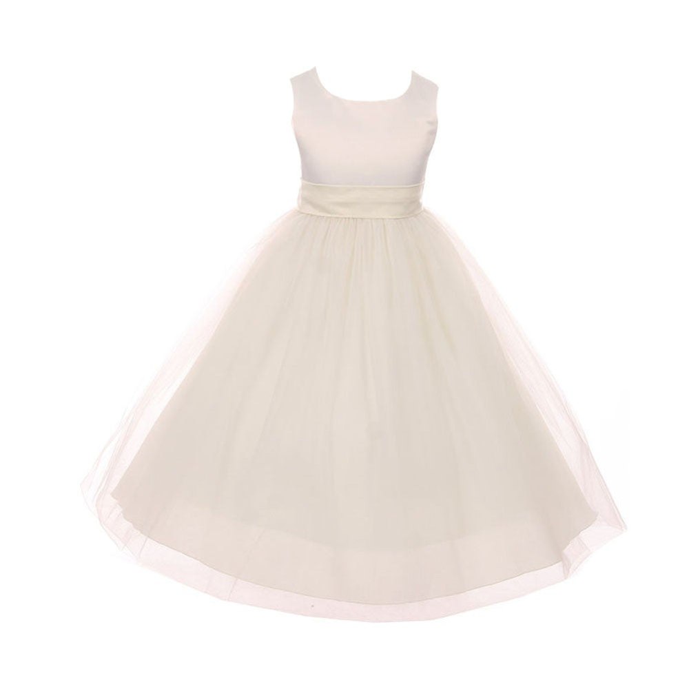 Big Girls Ivory Tulle Satin Sash Bow Junior Bridesmaid Dress 8-14