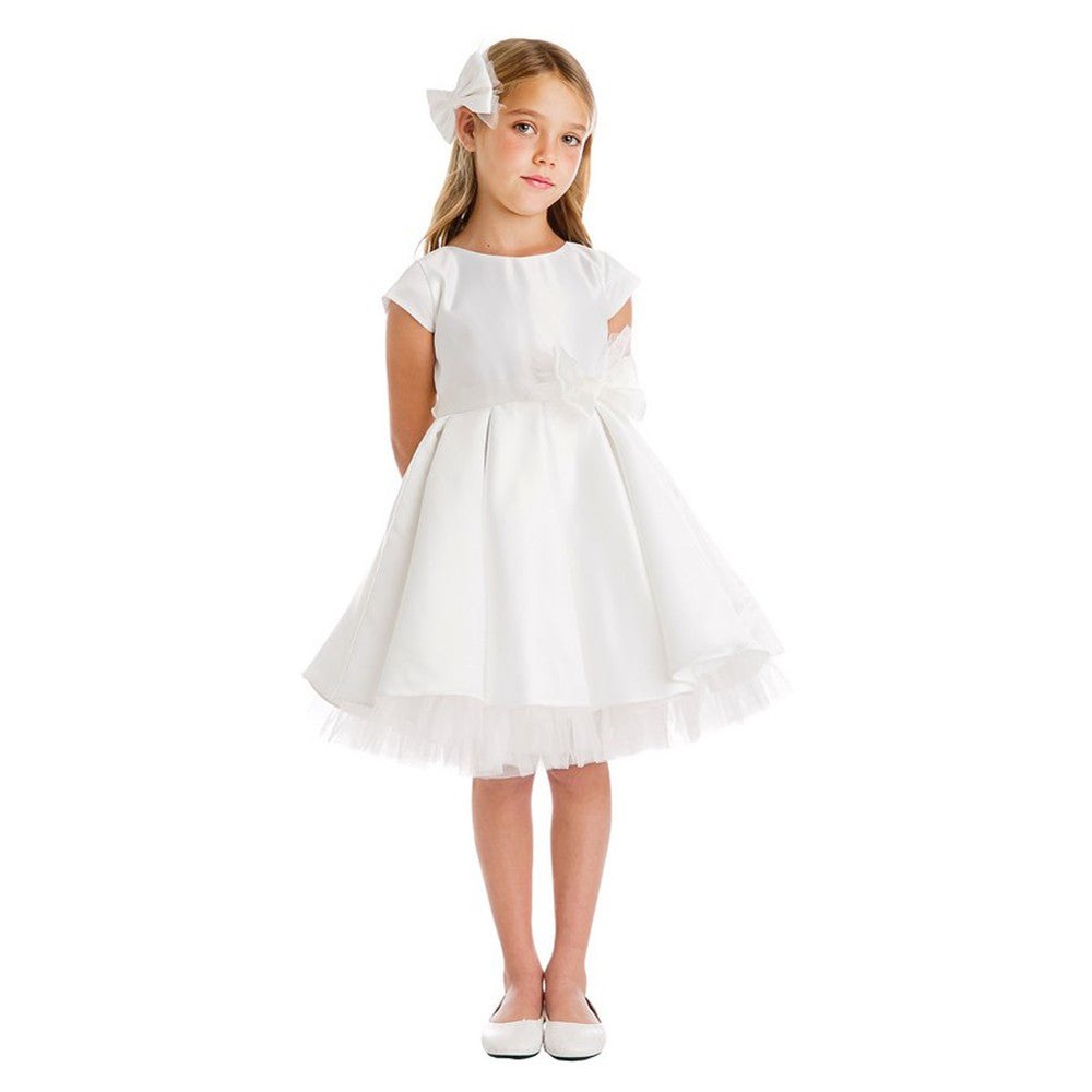 Little Girls Off-White Full Pleated Satin Bow Flower Girl Dress 2-6